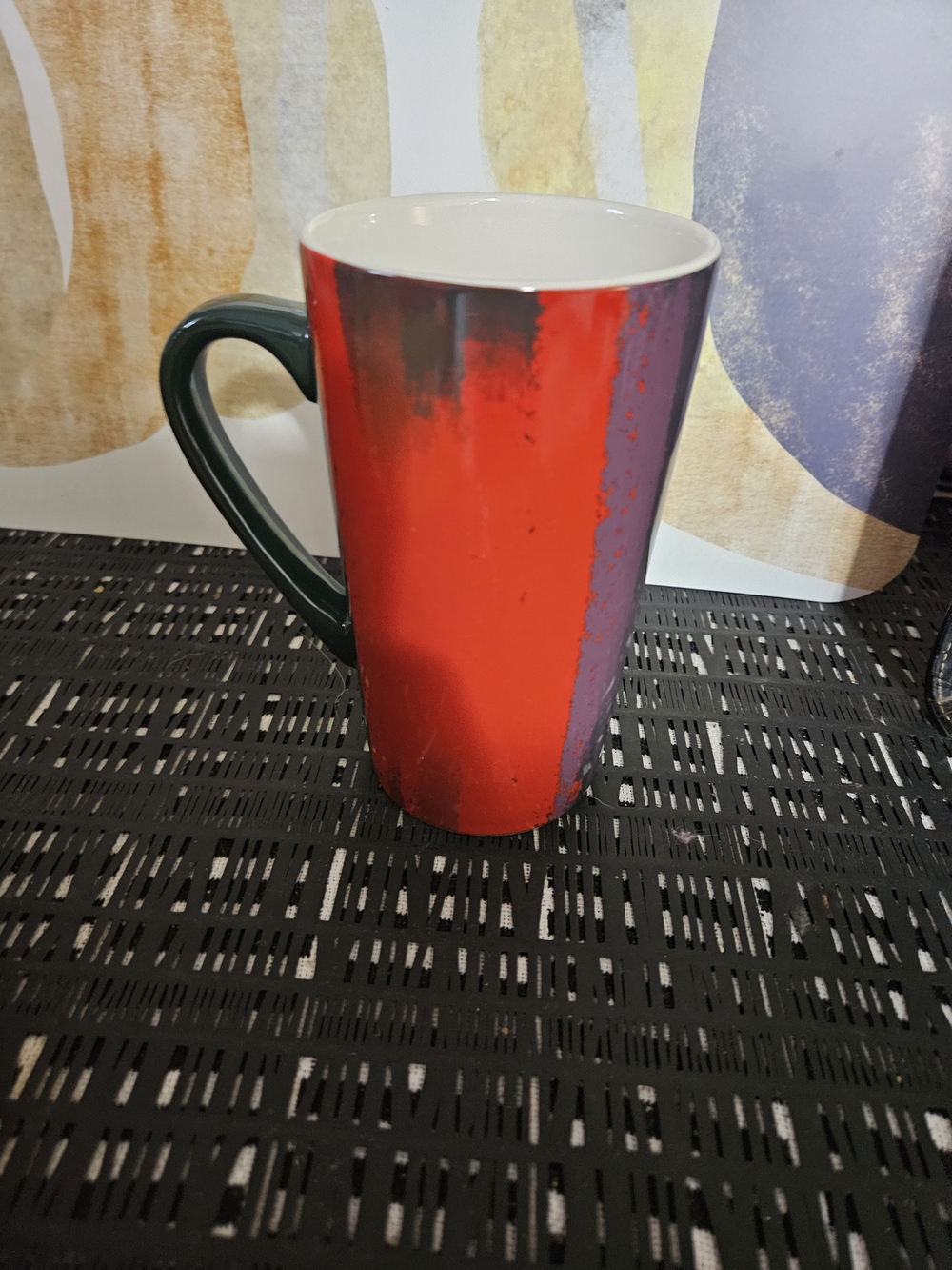 Red Artistic Ceramic Coffee Mug with Dark Green Handle